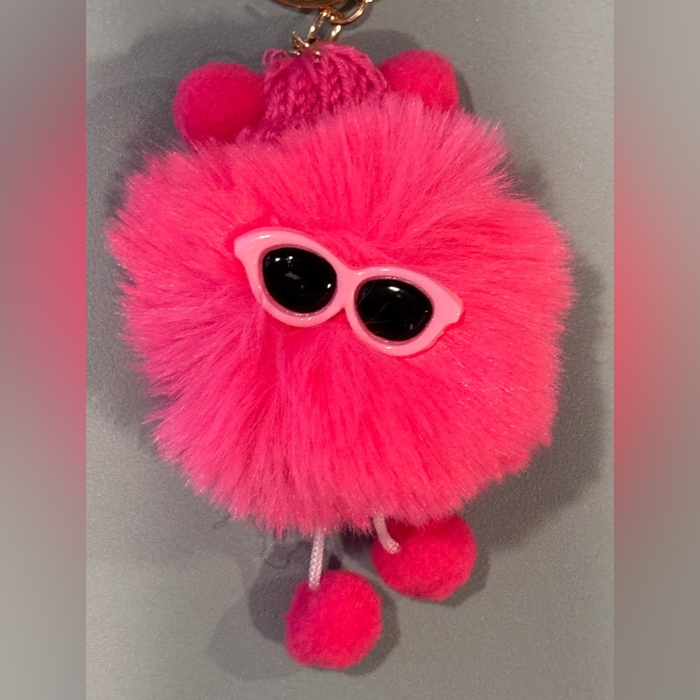 Bag Charm Pink Fluffy Pom Pom Plush with Sunglasses Keychain